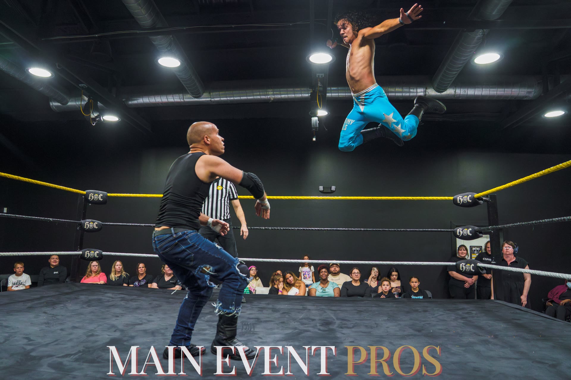 Destin in action during a live independent wrestling match