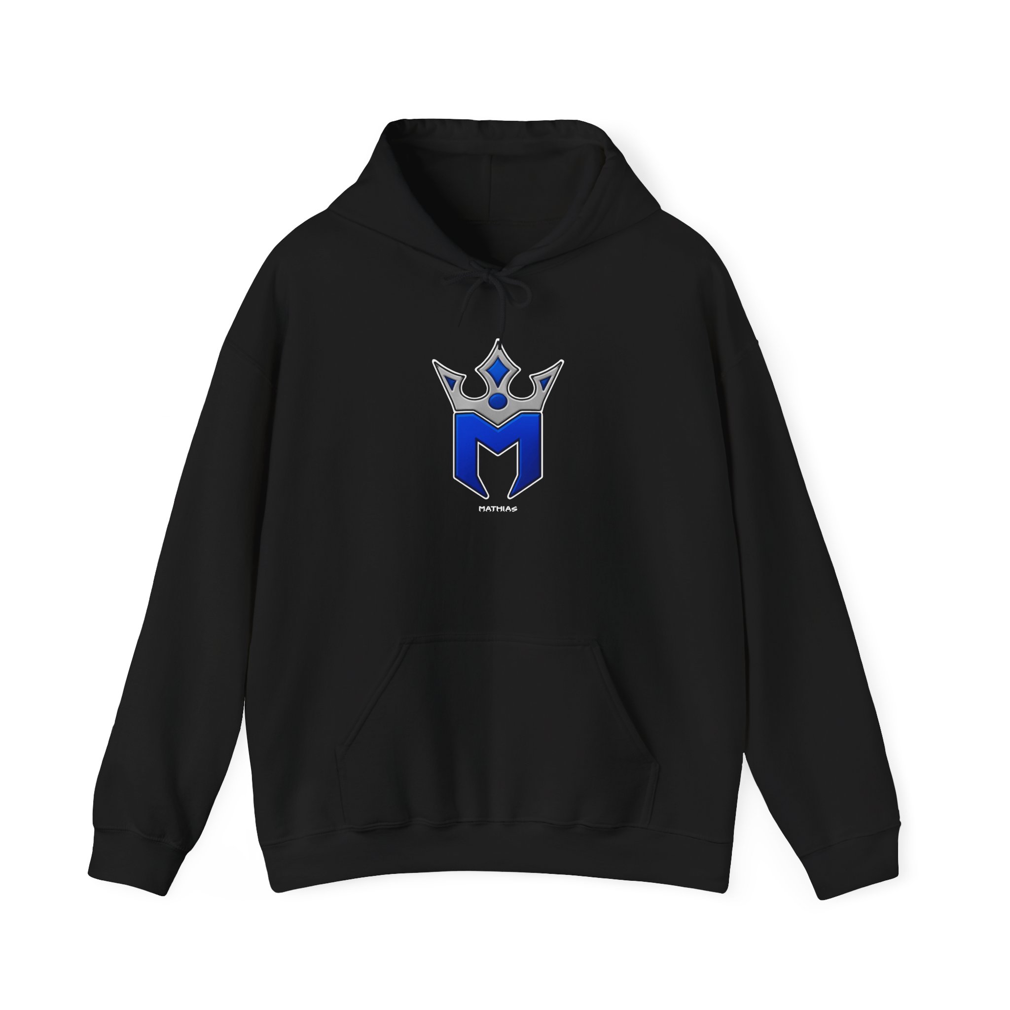 Black Mathias hoodie with a blue and silver crown logo