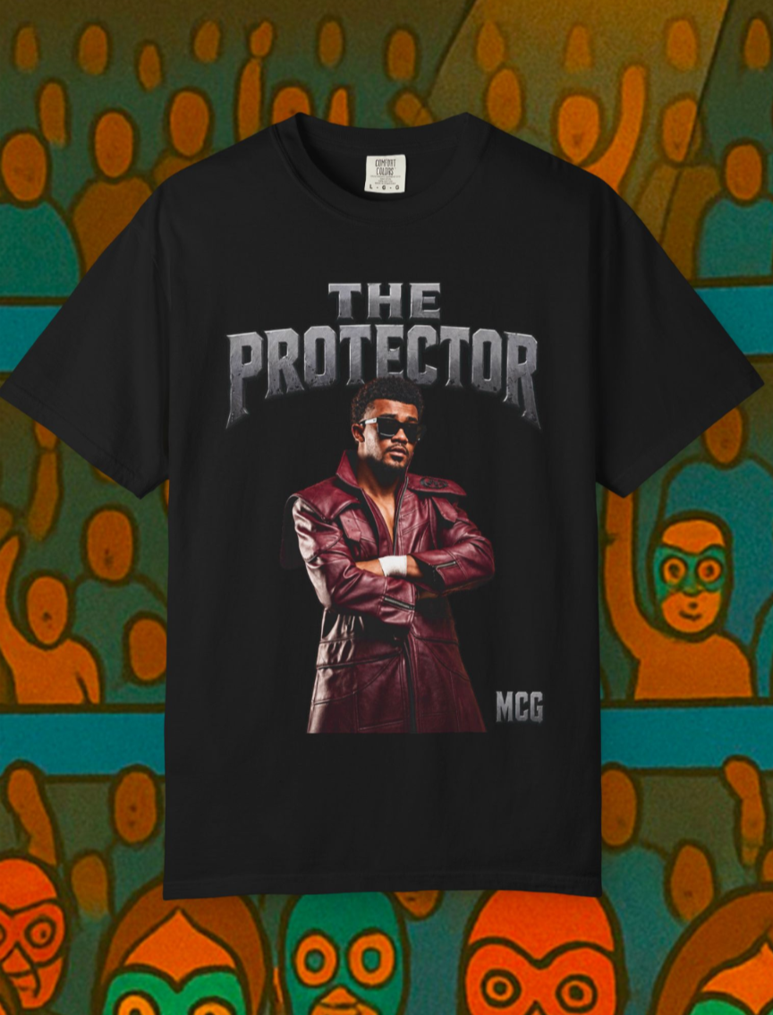 Front of a black The Protector MCG graphic T-shirt