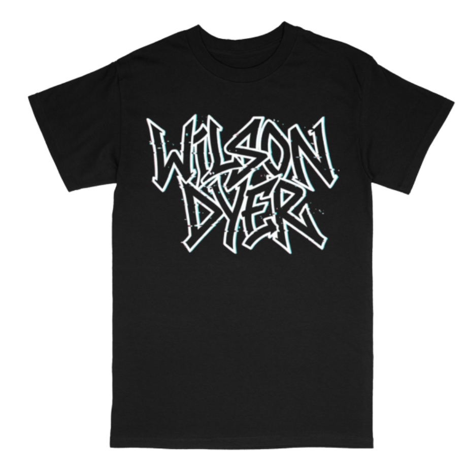 Black Wilson Dyer T-shirt with white graffiti-style lettering