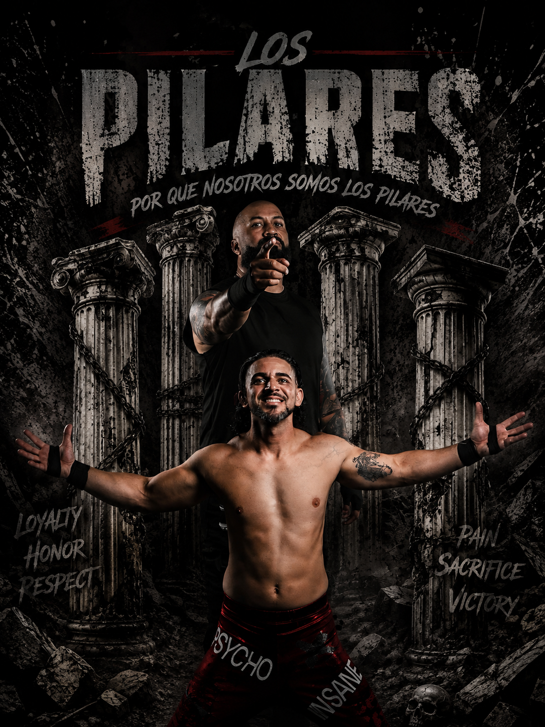Los Pilares, Psycho and Shadow, posing in front of their pillars-themed wrestling graphic