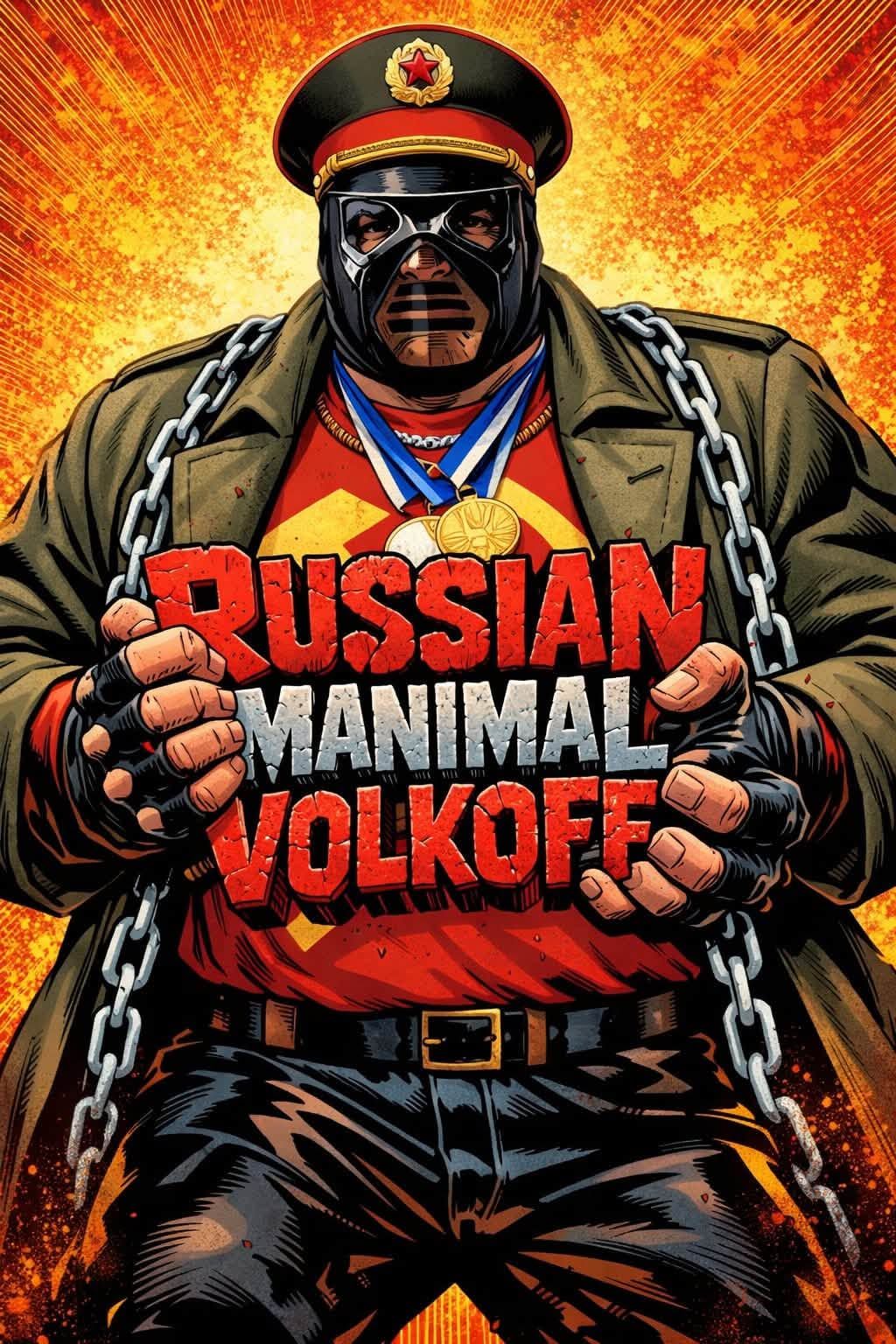 Comic-style poster of Russian Manimal Volkoff in a black mask and Soviet officer cap, gripping a chain