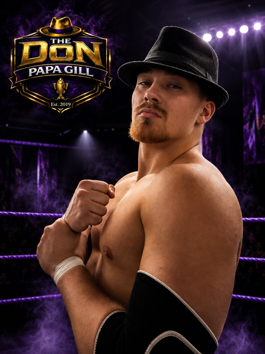 The Don Papa Gill in a black fedora posing in a purple-lit wrestling ring beside his gold The Don Papa Gill crest